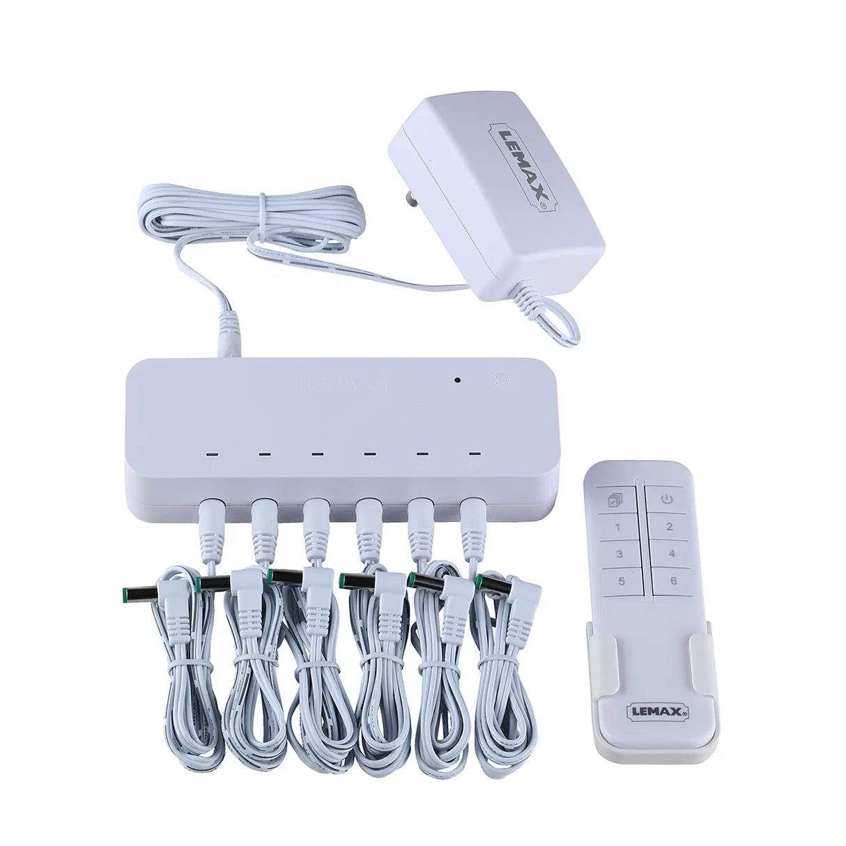 Lemax remote control box with white design and changeable plug, includes 4.5V 2000mA adaptor for accessories.