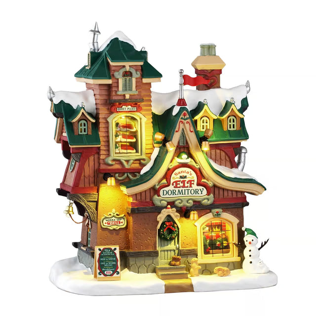 Lemax Santa's Elf Dormitory illuminated Christmas village building with festive holiday details and warm lighting.