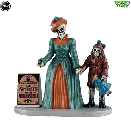 Lemax Spooky Town Séance Vendor figurine with ghostly figures and eerie accessories, detailed Halloween-themed ceramic figurine.