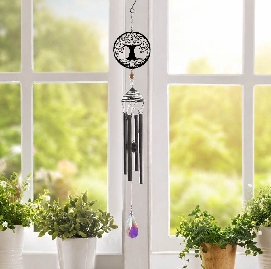 Black Silhouette Tree of Life wind chime by Primus, outdoor decorative wind chime with intricate tree design for garden or porch decor.