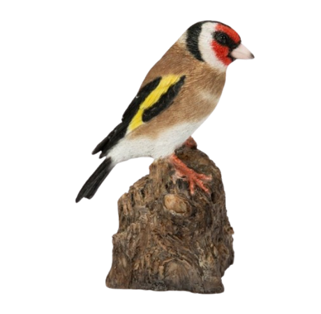 Singing Goldfinch on Stump Resin Ornament Size F by Vivid Arts - Mill Race Garden Centre