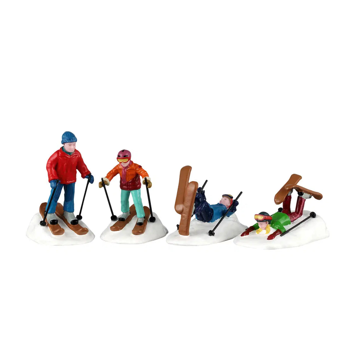 Set of four Lemax Christmas Village ski school figurines featuring children in winter gear and ski equipment.