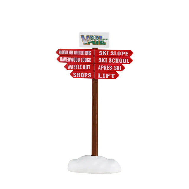 Lemax Christmas Village accessory featuring a ski slope sign, detailed miniature with festive holiday decor.
