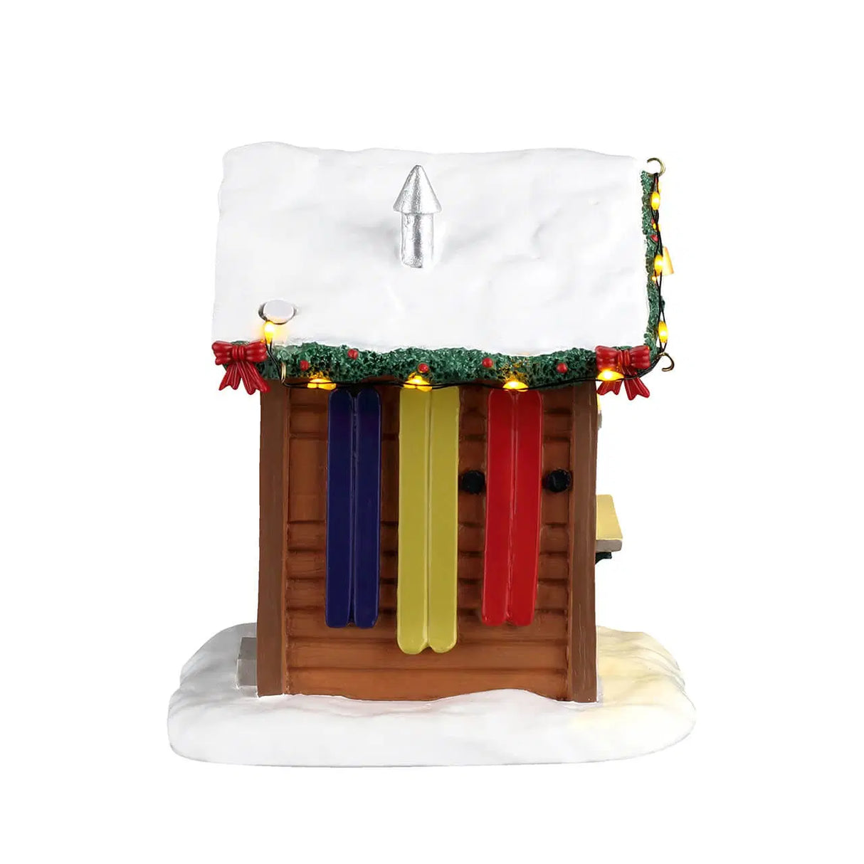 Lemax Christmas Village Ski Rental table accent featuring a miniature ski shop with seasonal holiday decorations.