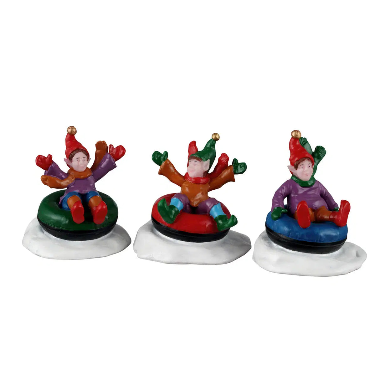 Set of three Lemax Snow Tubers Christmas village figurines featuring festive characters in winter attire.