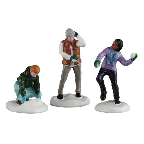 Set of three Lemax Christmas village figurines depicting children having a snowball fight in winter attire.
