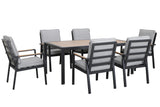 Hartman Sonas 6-seat rectangular aluminum dining set with matching chairs for outdoor garden dining, modern metal furniture.