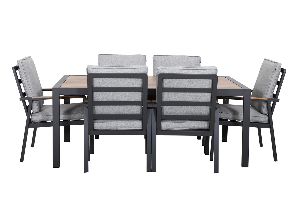 Hartman Sonas 6-seat rectangular aluminum garden dining set with matching chairs and a sturdy table, outdoor metal furniture for dining.