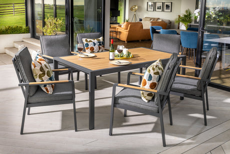 Gray Hartman Sonas 6-seat rectangular aluminum dining set with matching chairs, outdoor garden furniture for patio dining.