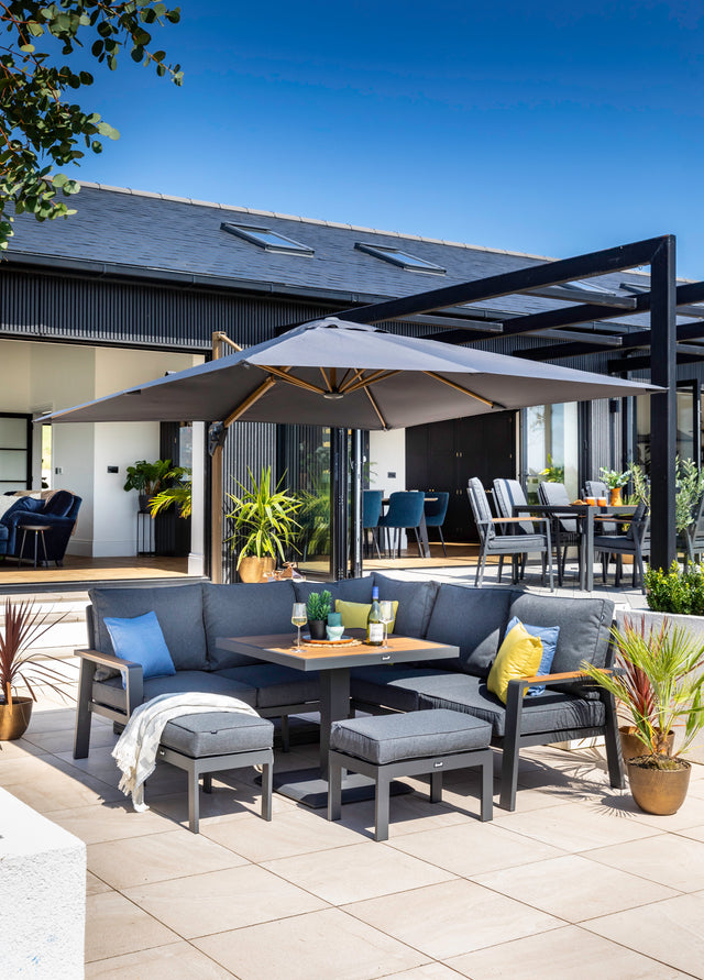 Grey Hartman Sonas square casual dining set with aluminium frame, adjustable table and modern lounge furniture for outdoor dining.