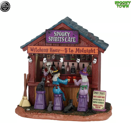 Lemax Spooky Town Spooky Spirits Cafe table accent featuring a haunted cafe scene with spooky decorations and detailed miniature figures.