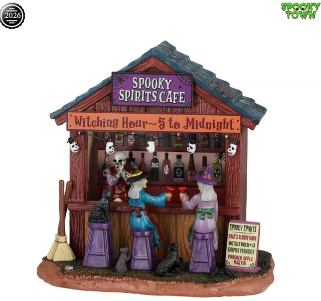 Lemax Spooky Town Spooky Spirits Cafe table accent featuring a haunted cafe scene with spooky decorations and detailed miniature figures.