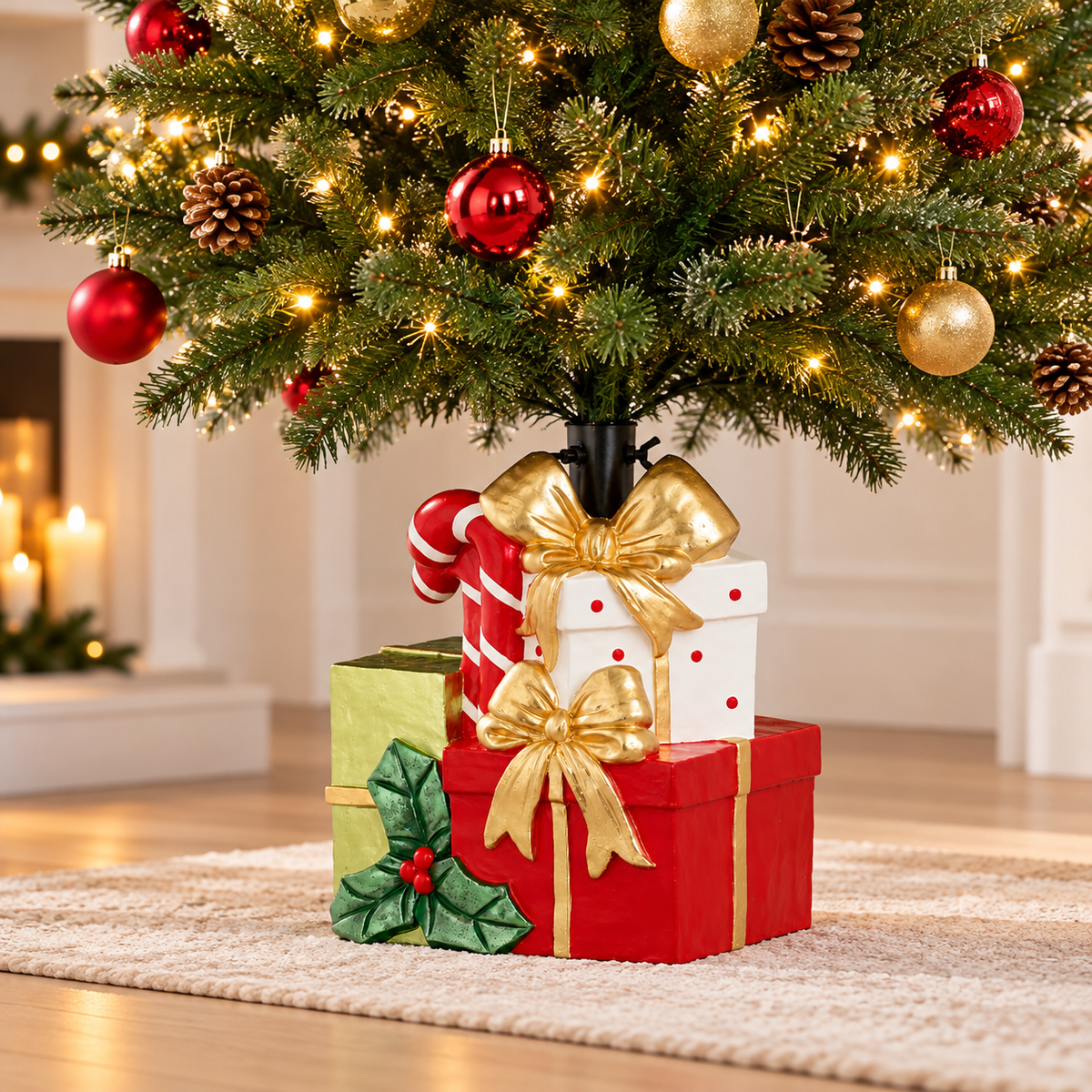 Stacked Gift Box Decorative Christmas Tree Stand Base (34 × 26 × 45 cm) – Novelty Wrapped Present Tree Holder | Indoor Festive Holiday Decor
