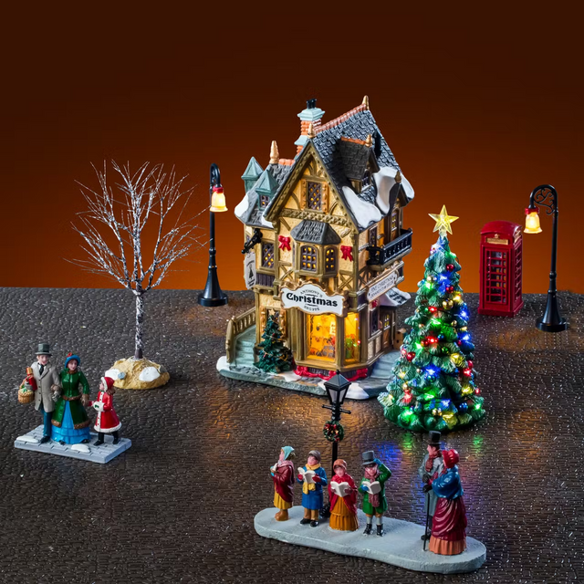 Lemax Tannenbaum Christmas Shoppe set with white house and adaptor, part of Lemax Christmas Village House Sets collection