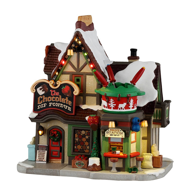 Lemax Chocolate Dip Fondue illuminated building with festive holiday design and 4.5V 100mA adaptor for Christmas village display