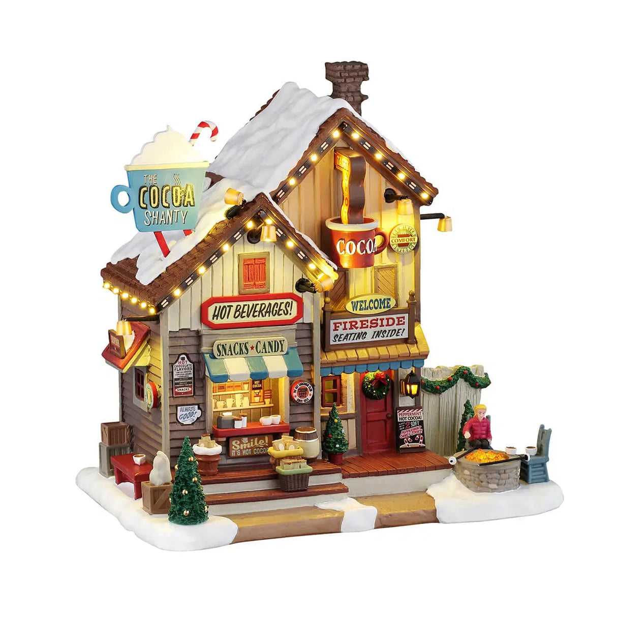 Lemax The Cocoa Shanty illuminated building from Christmas village series, featuring a cozy cocoa shop decorated for the holidays
