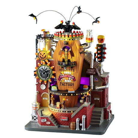 Lemax Spooky Town Count's Candy Corn Factory with sights and sounds, featuring a spooky candy corn-themed factory display.