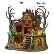 Lemax Spooky Town The Cursed Cabin model with sights and sounds, featuring a spooky cabin scene with detailed decorations and lighting.