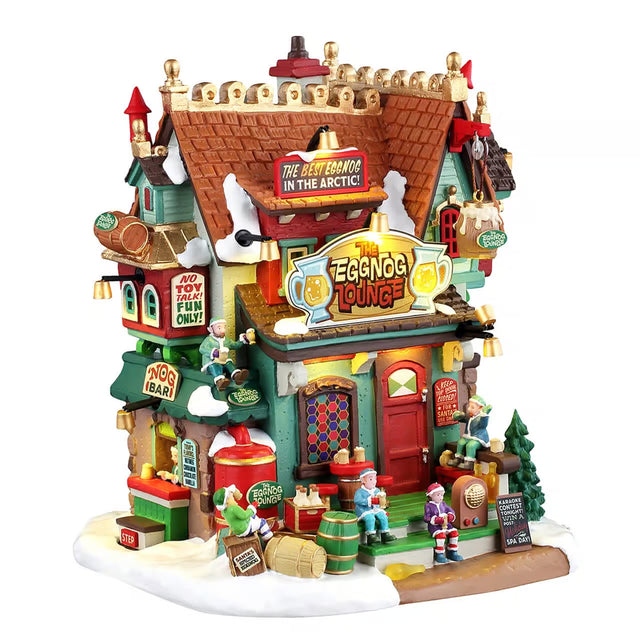 Lemax Eggnog Lounge illuminated building from Christmas village display, featuring festive holiday decor and detailed architecture