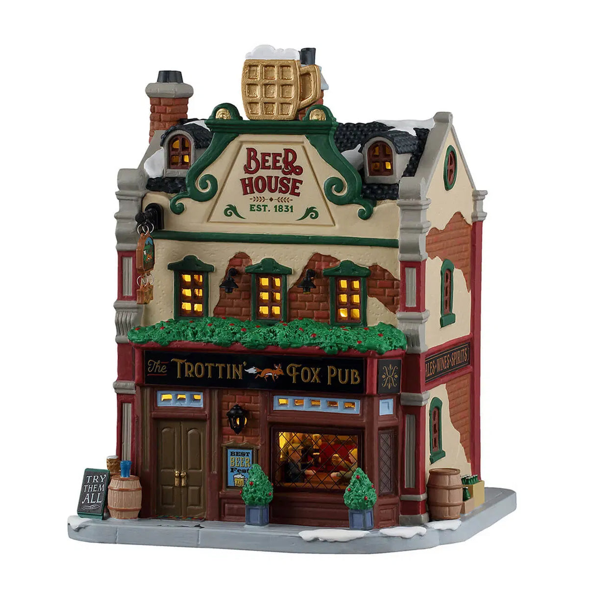 Lemax Trottin' Fox pub illuminated building from the Christmas Village collection, featuring festive holiday decorations and warm lighting.