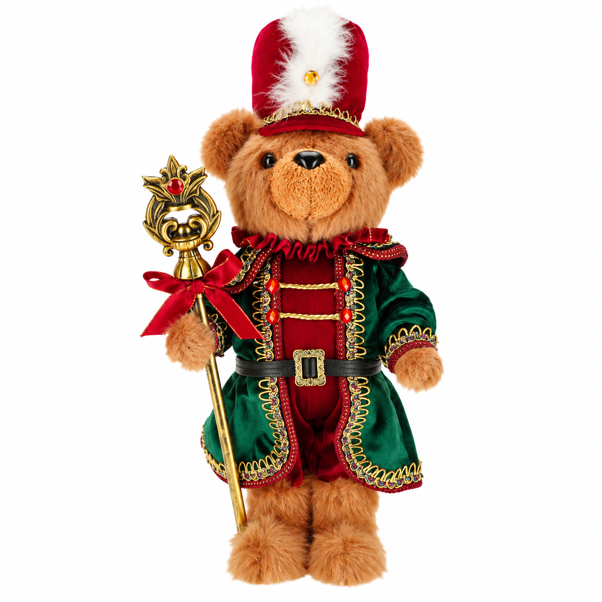 TimStor 40cm Luxury Christmas Plush Bear Soldier Statement Figurine – Dressed Teddy Bear in Forest Green Velvet Coat, Burgundy Feathered Hat & Gold Staff