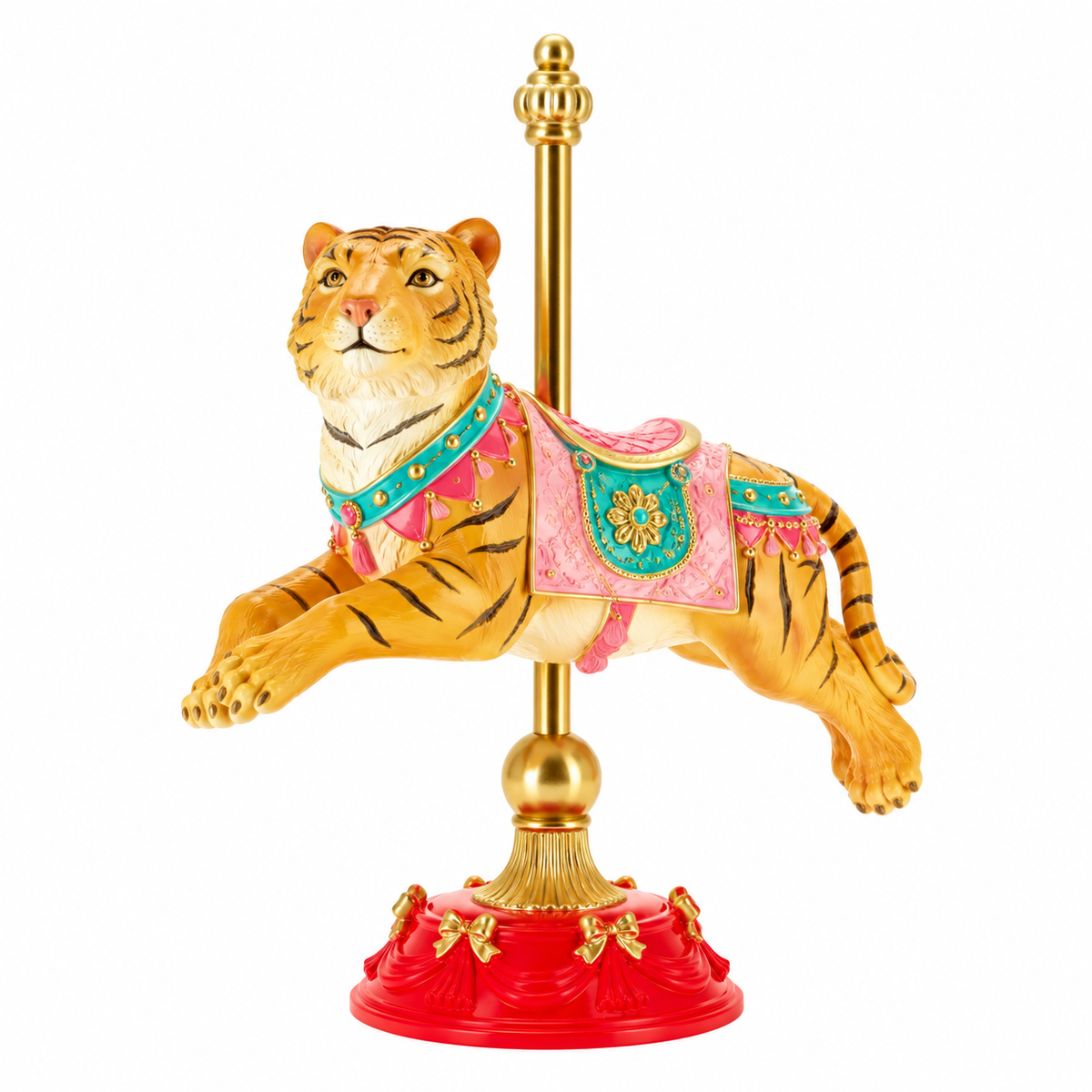 TimStor Carousel Tiger Standing Christmas Decoration (22.5 cm) – Leaping Fairground Tiger in Pastel Pink & Turquoise Saddle on Gold Pole & Red Bow Pedestal