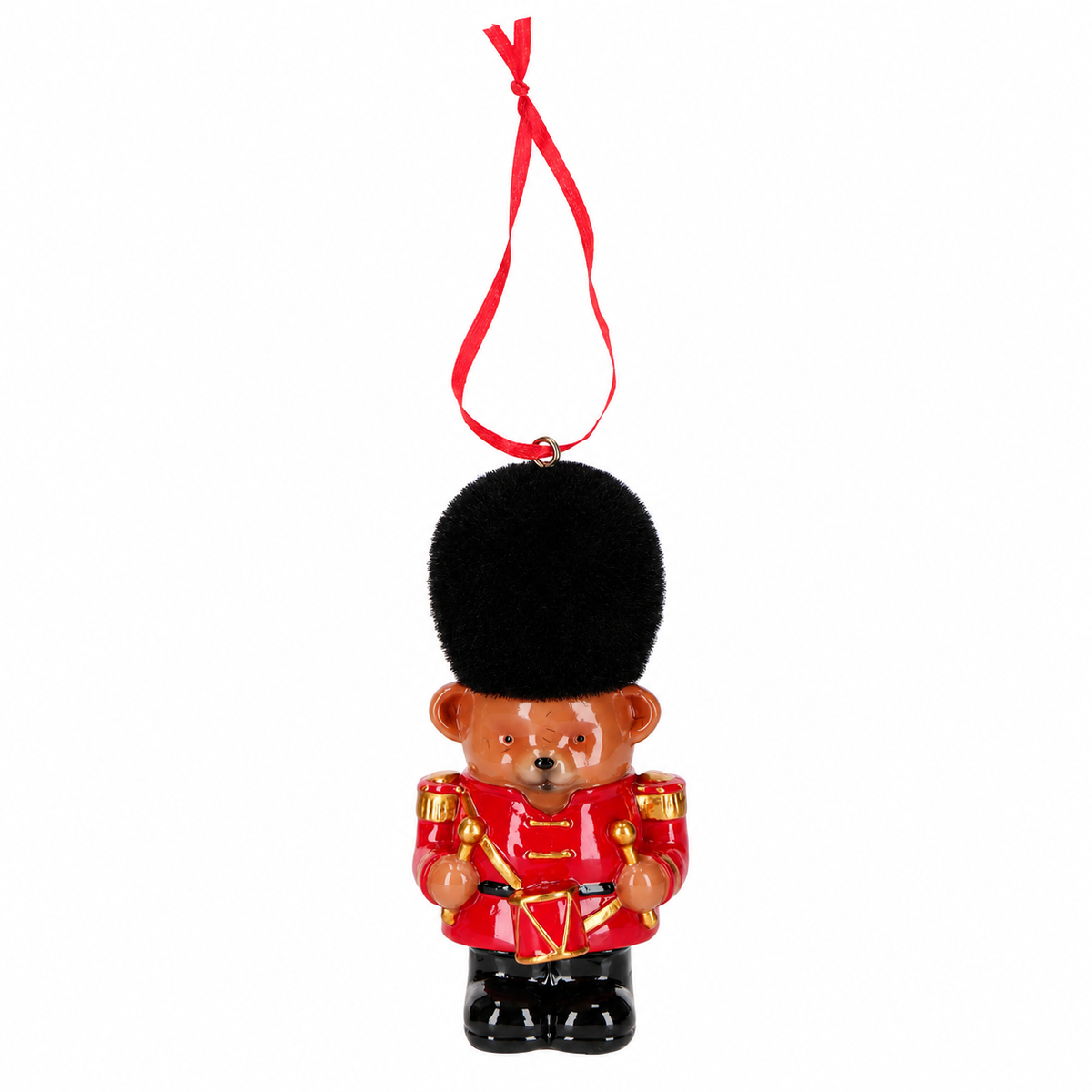 TimStor Christmas Bear Soldier Drummer Polyresin Tree Hanging Ornament (11 cm) – Guard Bear in Red Uniform with Tall Black Hat & Drum