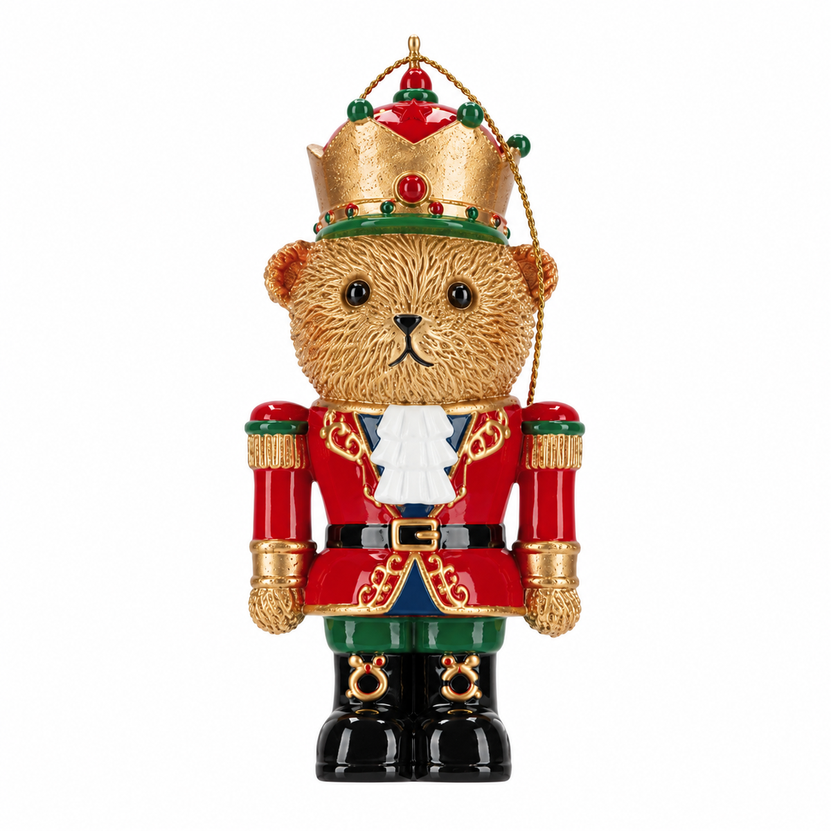 TimStor Christmas Nutcracker Bear Polyresin Tree Hanging Ornament (9 cm) – Royal Bear King in Red Military Jacket with Gold Jewel Crown