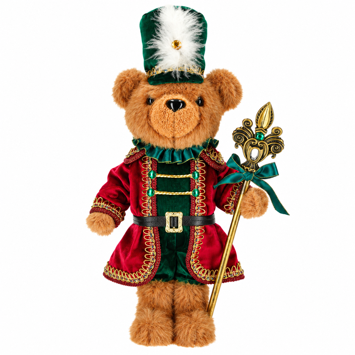 TimStor 40cm Luxury Christmas Plush Bear Soldier Statement Figurine – Dressed Teddy Bear in Burgundy Velvet Coat, Forest Green Feathered Hat & Gold Staff