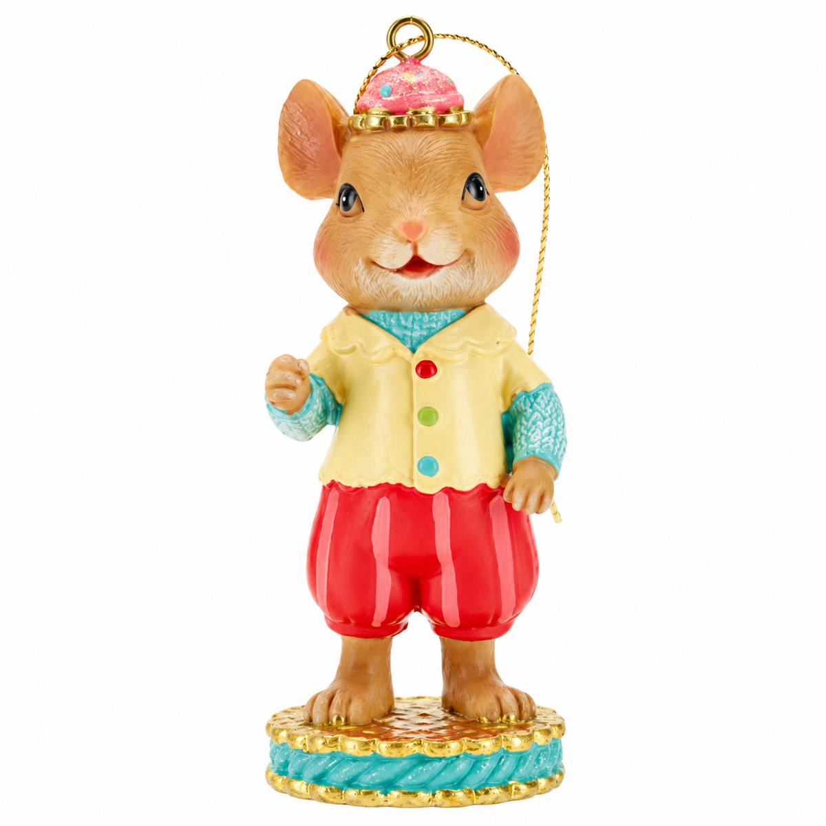 TimStor Pastel Christmas Mouse Boy Polyresin Tree Hanging Ornament (10.5 cm) – Sweet Mouse in Yellow Jacket, Turquoise Sleeves & Sparkling Pink Hat on Gold Pedestal