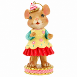 TimStor Pastel Christmas Mouse Girl Polyresin Tree Hanging Ornament (10.5 cm) – Sweet Mouse in Floral Yellow Dress, Mint Sleeves & Swirled Cupcake Hat on Gold Pedestal