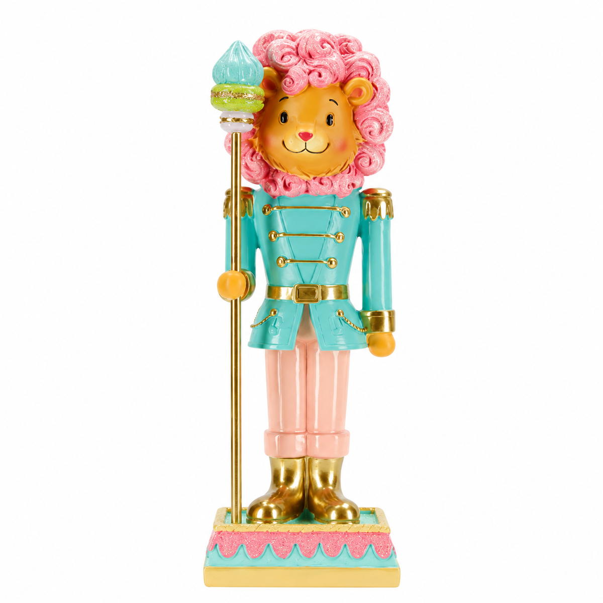TimStor Pastel Lion Nutcracker Standing Christmas Decoration (32 cm) – Whimsical Lion Soldier with Pink Curly Mane in Mint Green Jacket with Gold Staff