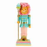 TimStor Pastel Lion Nutcracker Standing Christmas Decoration (32 cm) – Whimsical Lion Soldier with Pink Curly Mane in Mint Green Jacket with Gold Staff