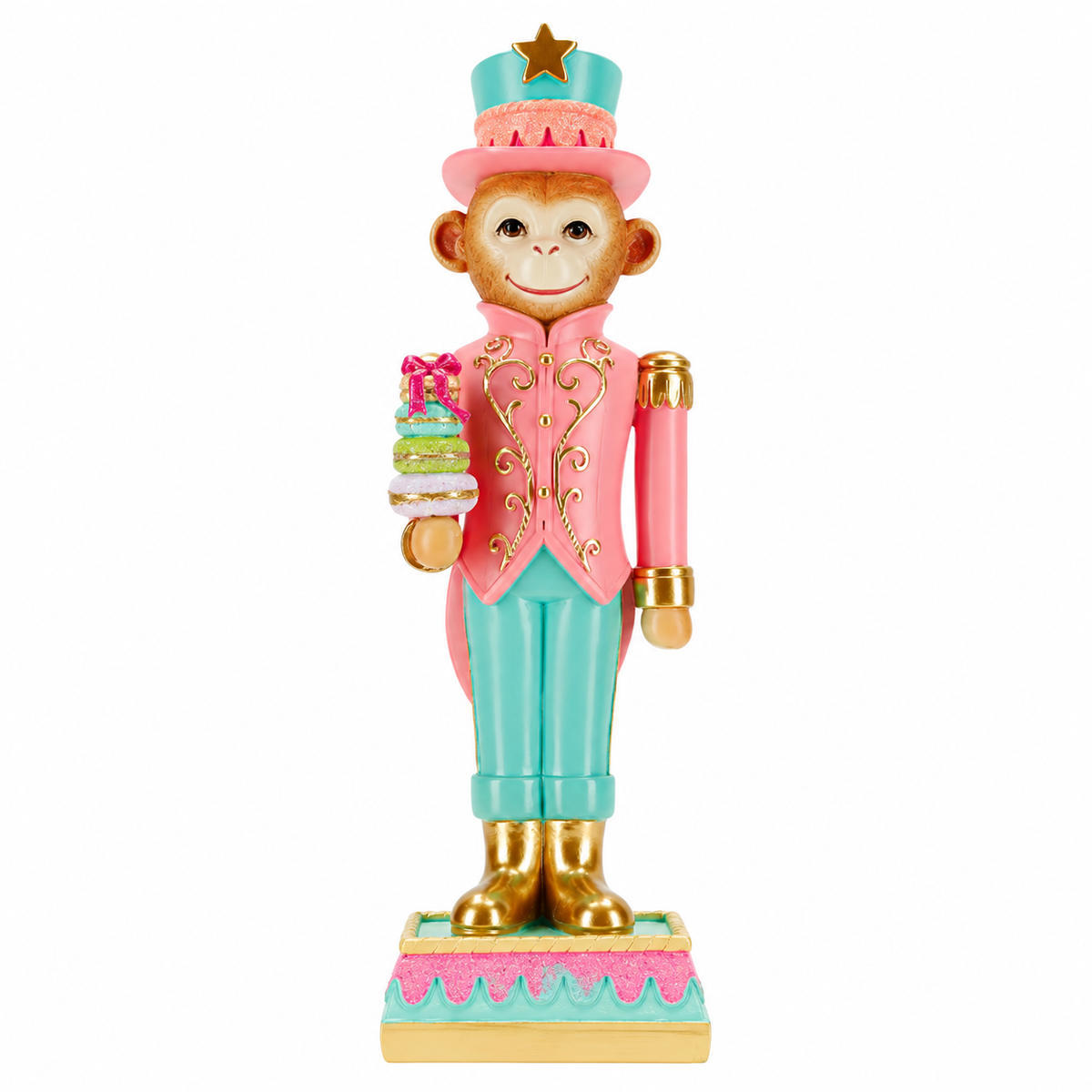 TimStor Pastel Monkey Nutcracker Standing Christmas Decoration (32 cm) – Whimsical Monkey Soldier in Pink Jacket & Mint Top Hat holding Pastel Sweet Treat Stack