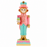 TimStor Pastel Monkey Nutcracker Standing Christmas Decoration (32 cm) – Whimsical Monkey Soldier in Pink Jacket & Mint Top Hat holding Pastel Sweet Treat Stack