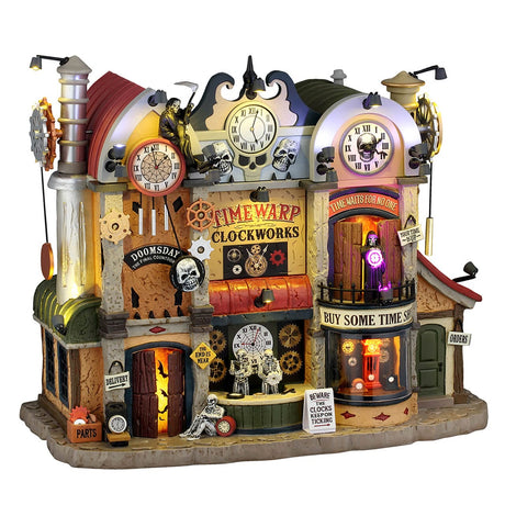 Lemax Spooky Town illuminated building, Timewarp Clockworks with 4.5V adaptor, detailed spooky clock tower display.