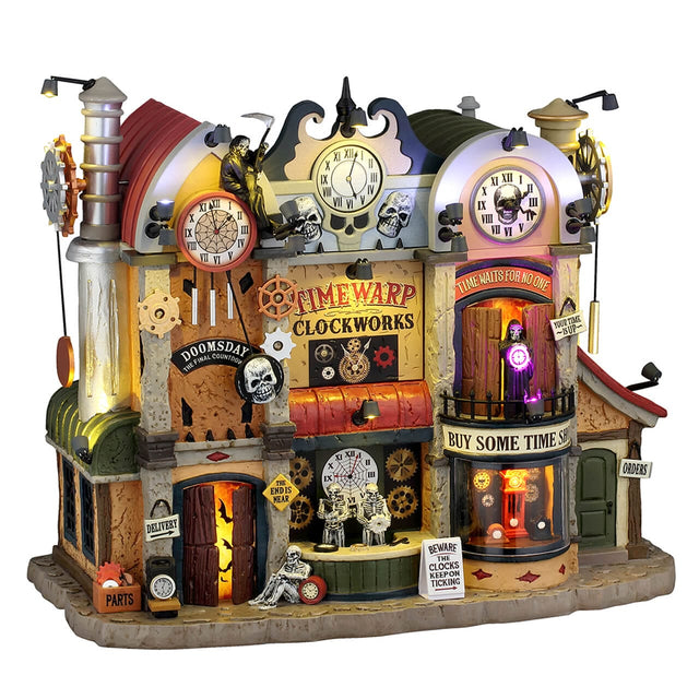 Lemax Spooky Town illuminated building, Timewarp Clockworks with 4.5V adaptor, detailed spooky clock tower display.