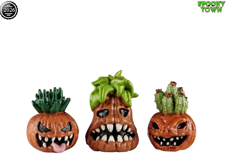 Set of three Lemax Spooky Town Toothy Pumpkins accessories with carved faces, perfect for Halloween spooky village displays.