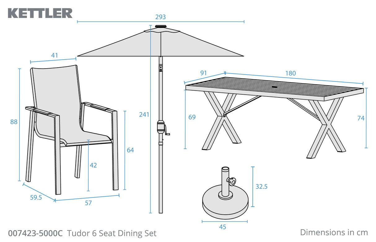 Kettler Tudor 6-seat metal dining set with 180x90cm table, parasol, and base for outdoor patio dining.
