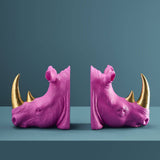 Werner Vob WERNS Rhinoceros bookends in magenta and gold, set of 2, decorative indoor ornaments for home.