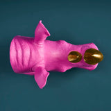 Pair of WERNS® rhinoceros bookends in magenta and gold, decorative animal ornaments for home or indoor shelving.