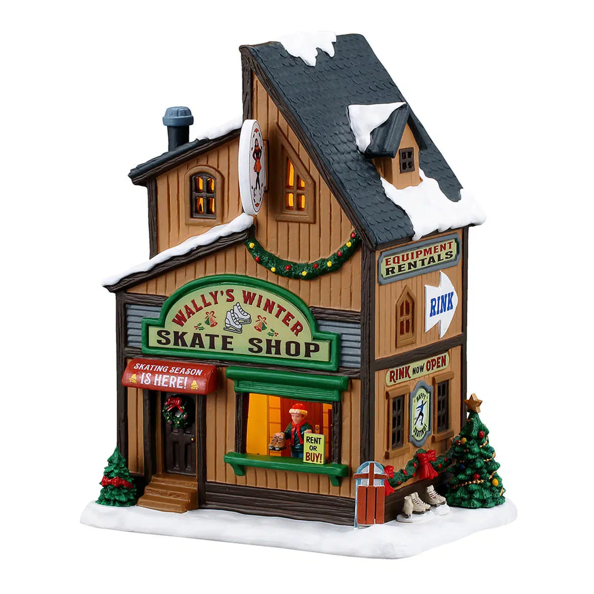 Lemax Winter Skate Shop illuminated building from Wally's Winter Skate Shop Christmas Village display