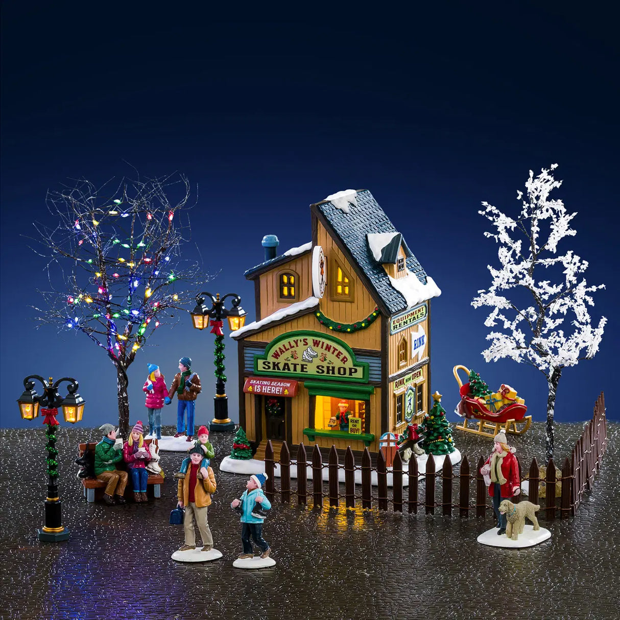 Lemax Wally's Winter Skate Shop illuminated building from the Christmas Village series, featuring festive holiday decorations and lights.