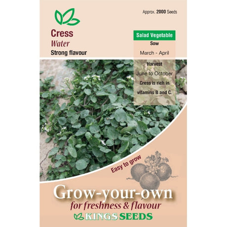 Fresh watercress plant by Kings Seeds, showcasing vibrant green leaves and delicate stems on a natural background.