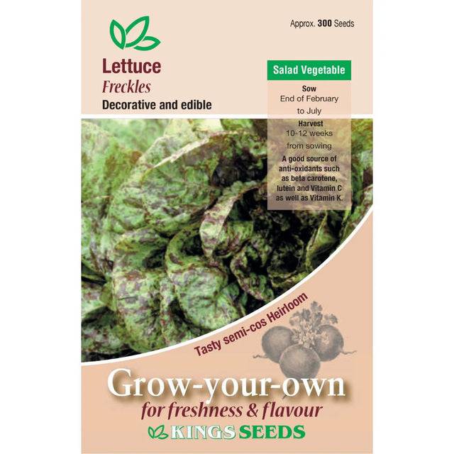 Lettuce Freckles seedlings by Kings Seeds, shown in a clear image on a website, ready for planting or gardening.