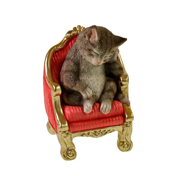 Werner Voß luxury German designer cat ornament, 20cm, depicts a snoozing cat on an armchair, perfect for elegant home decor.