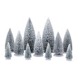 Set of 11 white pine trees from Lemax Christmas village accessories, featuring detailed miniature pine trees for holiday displays.
