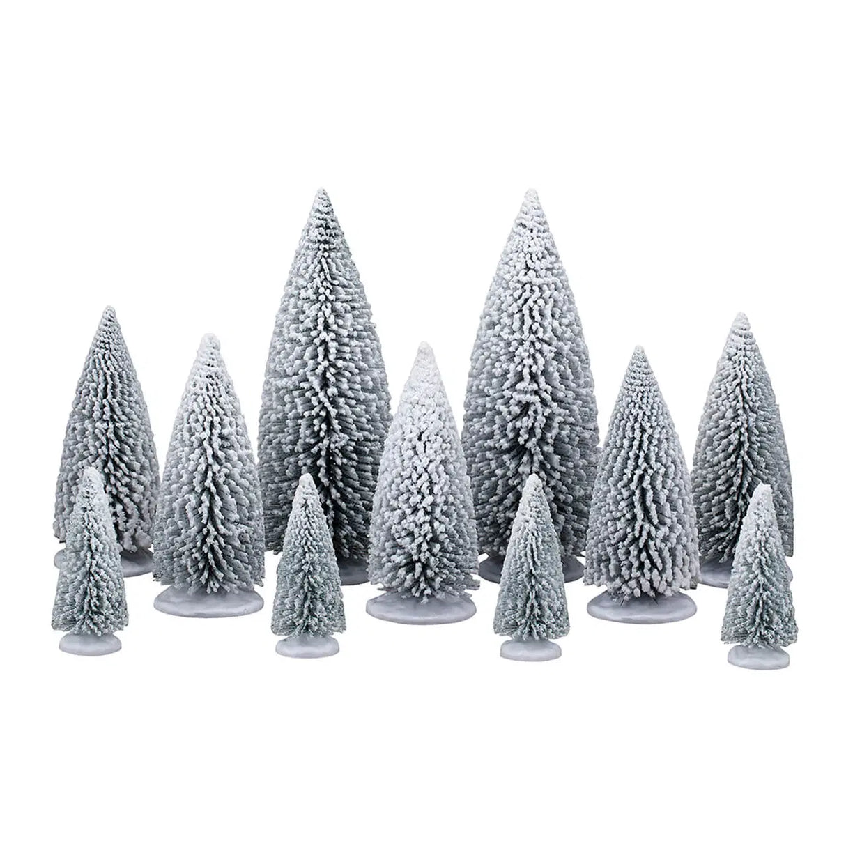 Set of 11 white pine trees from Lemax Christmas village accessories, featuring detailed miniature pine trees for holiday displays.