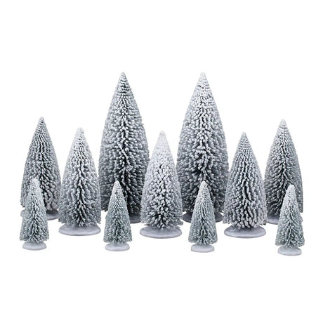 Set of 11 white pine trees from Lemax Christmas village accessories, featuring detailed miniature pine trees for holiday displays.