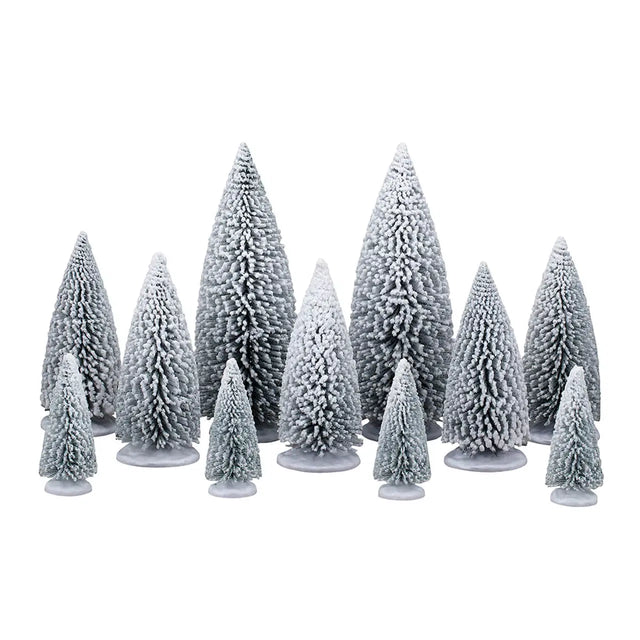 Set of 11 white pine trees from Lemax Christmas village accessories, featuring detailed miniature pine trees for holiday displays.